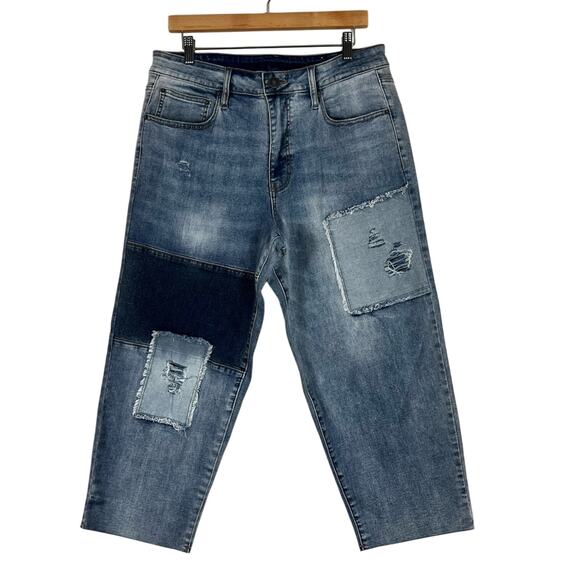 NWT Rue 21 Jeans Mens 34x30 Medium Wash Patchwork Distressed Crop Streetwear - Picture 1 of 6
